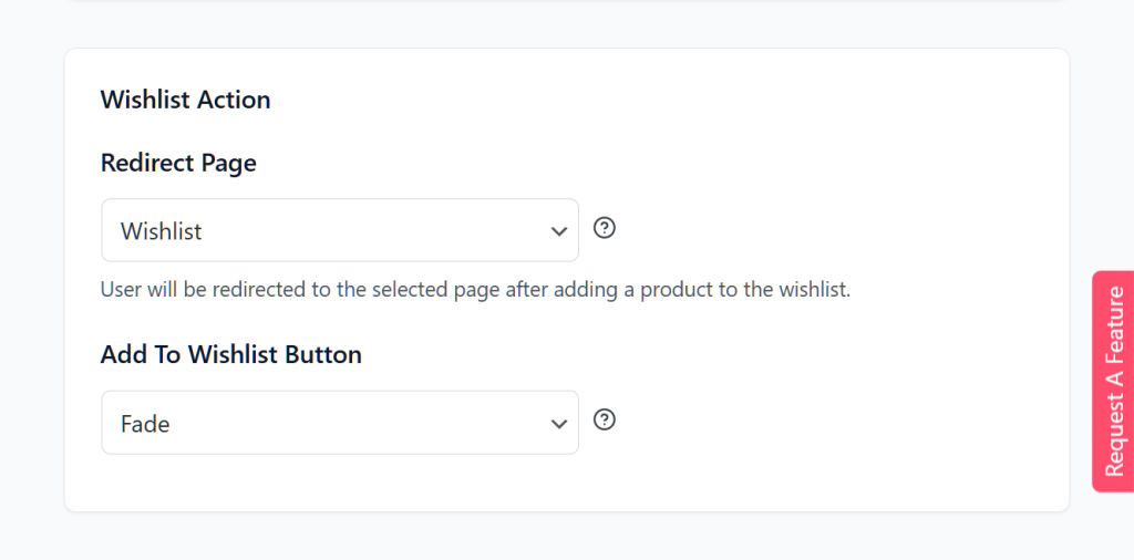 Settings panel titled 'Wishlist Action' showing Redirect Page set to 'Wishlist' and Add To Wishlist Button animation set to 'Fade'.