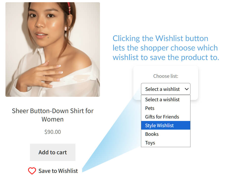 add-wishlist-button-choosing-multiple-wishlists - SaveTo Wishlist Online product page showing a sheer button-down women's shirt, model photo, price, and a dropdown to save the item to a wishlist.