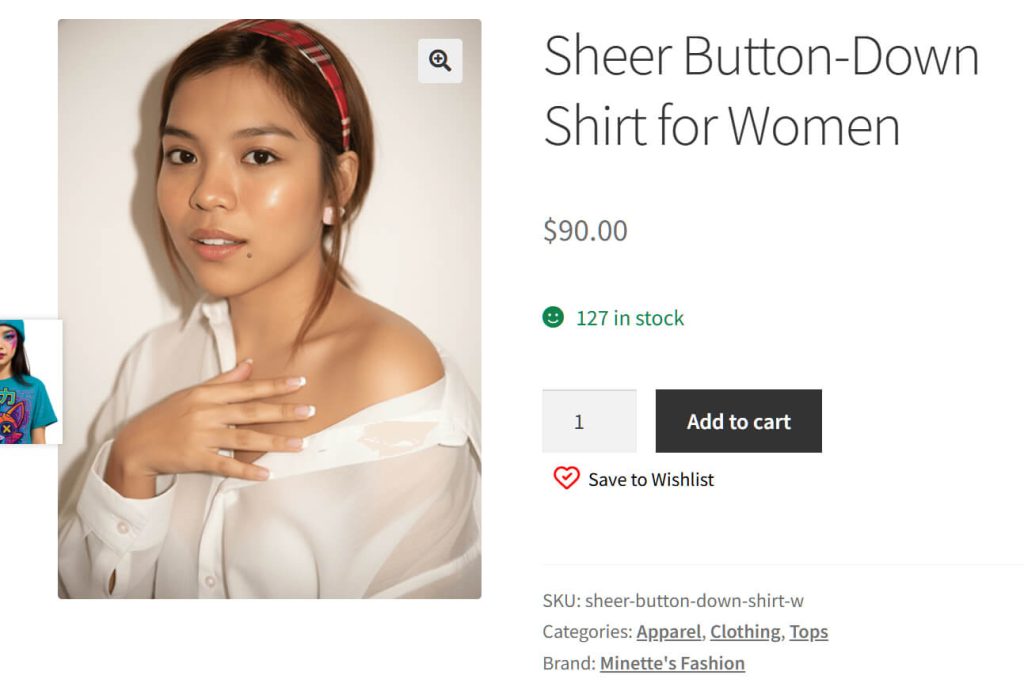 add-wishlist-button-product-page - SaveTo Wishlist Model in a sheer off-shoulder white button-down shirt poses for an online product page, warm lighting highlighting natural makeup and red headband.
