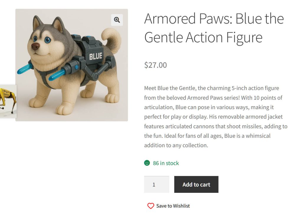 WooCommerce product page for the Armored Paws Blue the Gentle 5-inch husky action figure, demonstrating best practices by placing a red "Save to Wishlist" button directly below the primary "Add to cart" button.