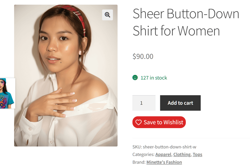 Young woman wearing a sheer white off-shoulder button-down shirt and red headband, posing with hand on chest against neutral background.