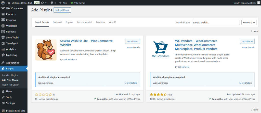 add-wishlist-plugins-add-new-plugin-saveto-wishlist - SaveTo Wishlist WordPress dashboard 'Add Plugins' page showing search results for SaveTo Wishlist Lite and WC Vendors plugins with Install Now buttons.