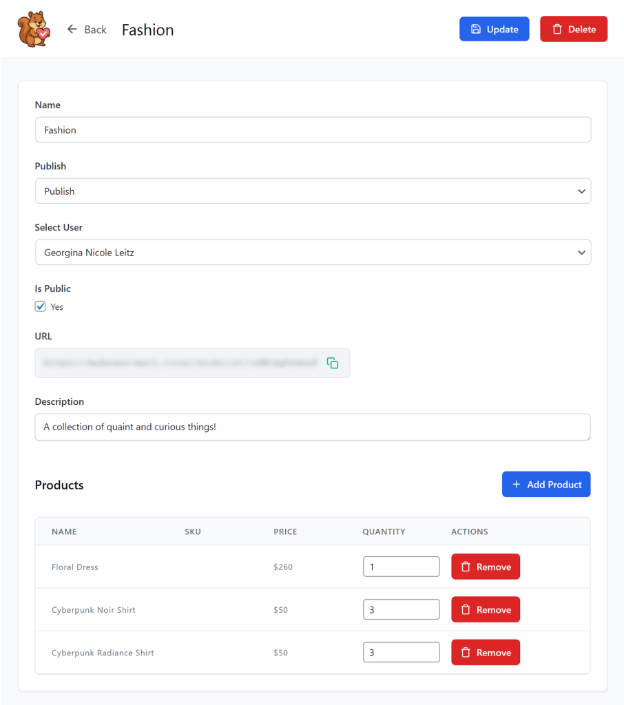admin-controls - SaveTo Wishlist Admin edit page for 'Fashion' collection showing publish options, public toggle, description, URL, and three products with prices and quantities.