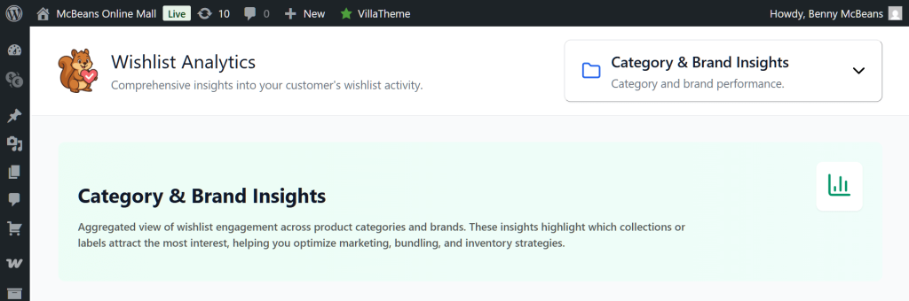 Website's Wishlist Analytics dashboard highlighting 'Category & Brand Insights' panel with pale green summary explaining wishlist engagement across categories and brands.