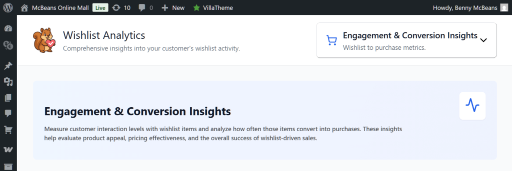 WordPress admin page showing Wishlist Analytics header with squirrel logo and an Engagement & Conversion Insights panel describing wishlist interaction and conversion metrics.