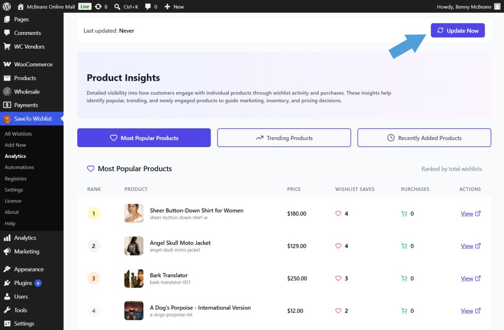 WordPress admin dashboard showing SaveToWishlist analytics with a'Most Popular Products' section and a product list including prices and wishlist counts.