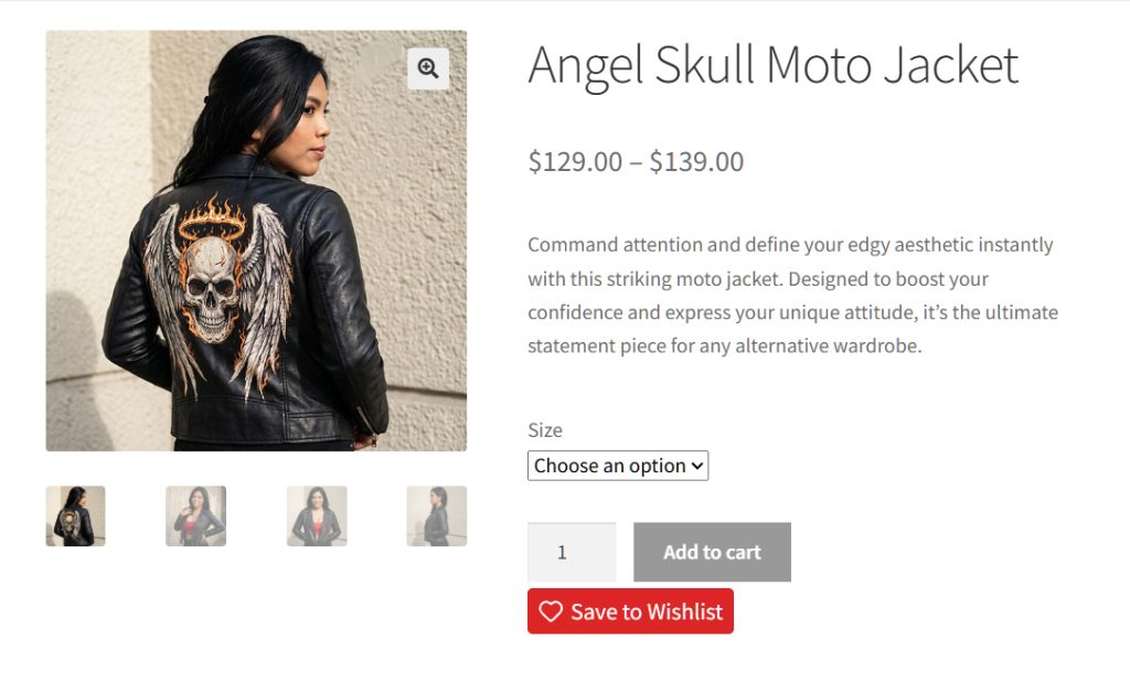 Back view of a woman wearing a black leather Moto jacket with a skull and wings embroidery on the back.