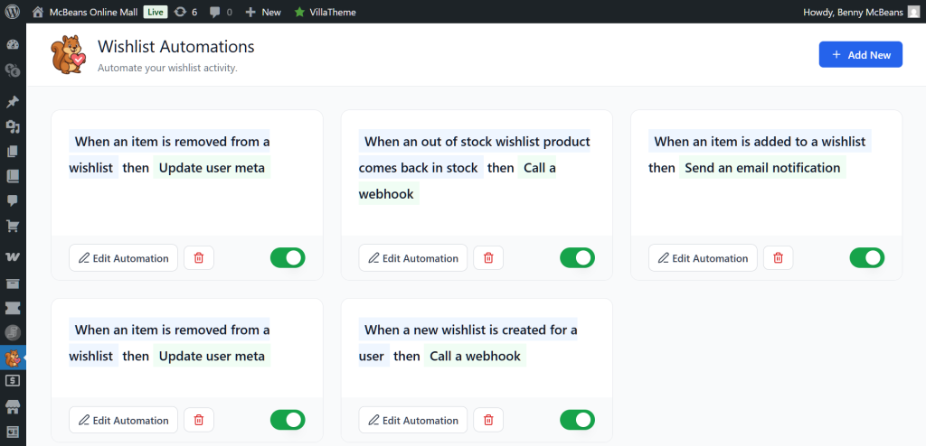 WordPress Wishlist Automations dashboard displaying several automation cards (email, webhook, update user meta) with edit buttons and active toggles.