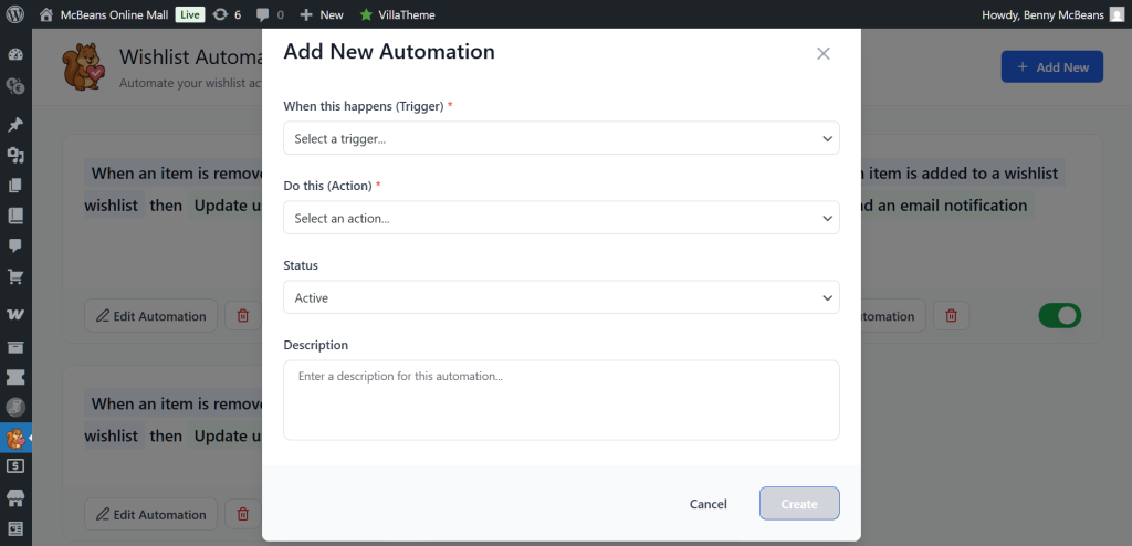 Add New Automation modal in WordPress wishlist plugin showing dropdowns for trigger, action, status, and a description field.