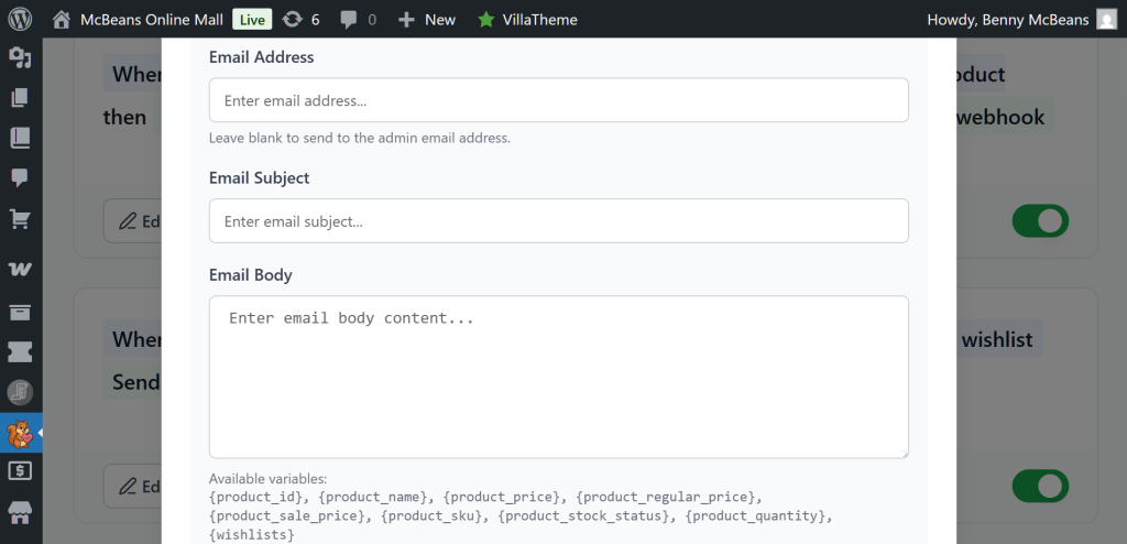 Modal dialog in WordPress dashboard showing email notification fields (address, subject, body) with available template variables