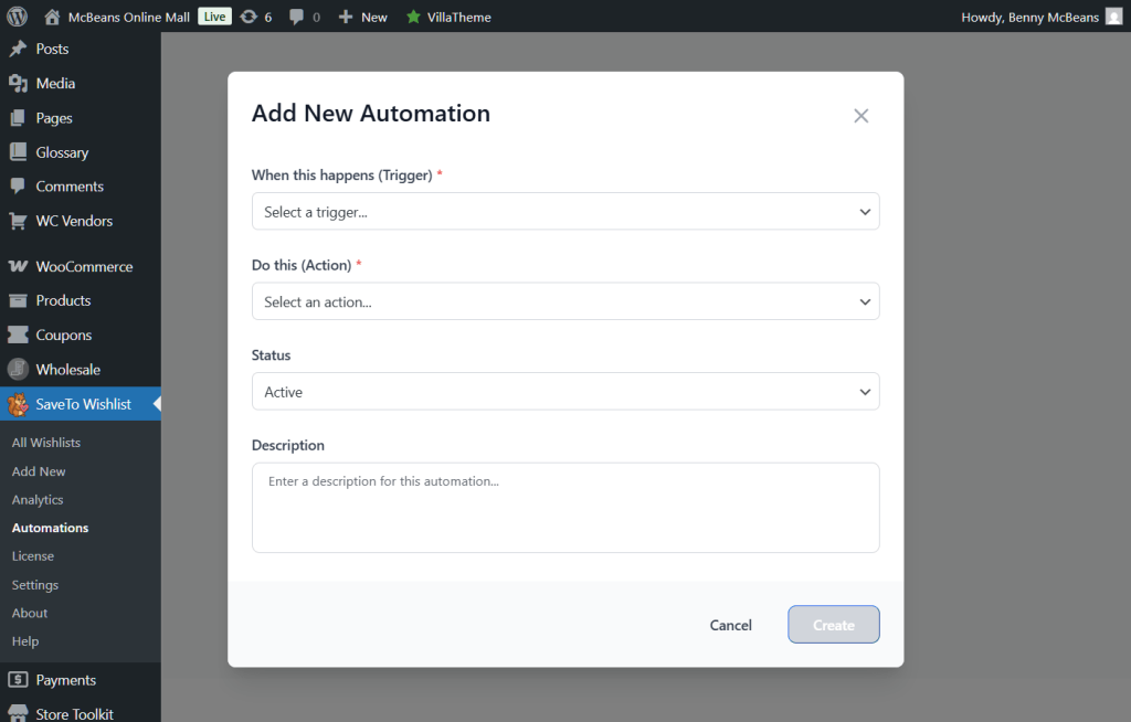 WordPress admin screen showing SaveTo Wishlist's 'Add New Automation' modal with trigger, action, status fields and description box.