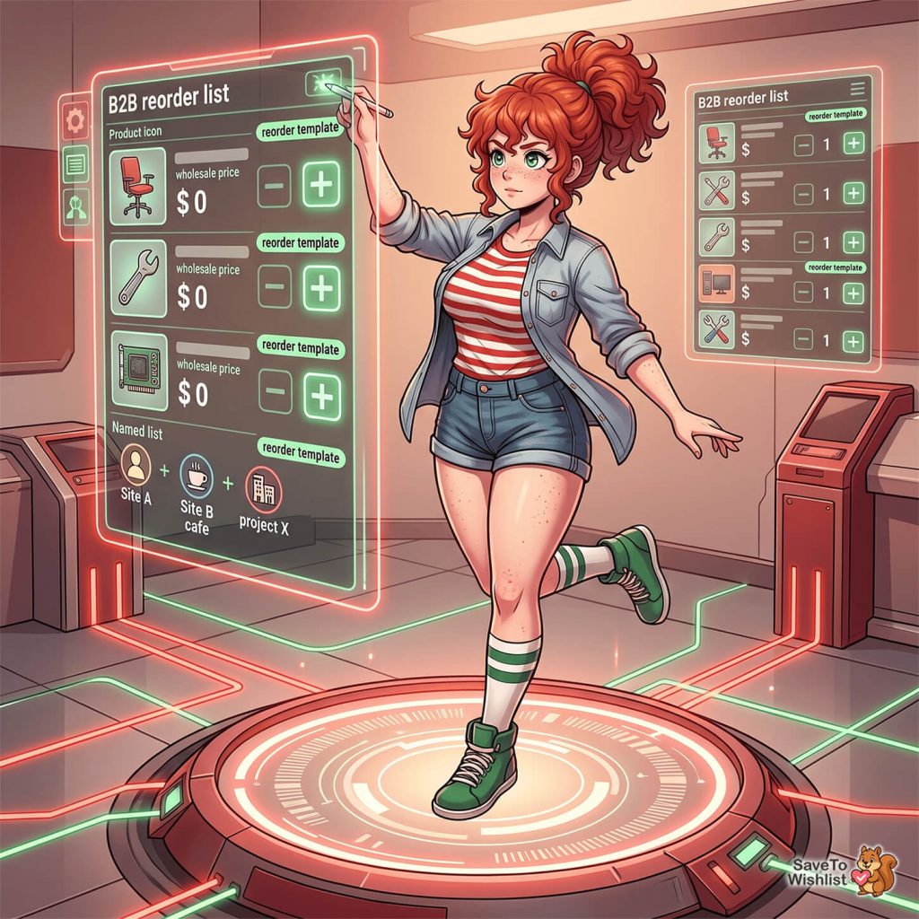 Young woman taps a holographic B2B reorder list with templates on futuristic panels, managing orders.