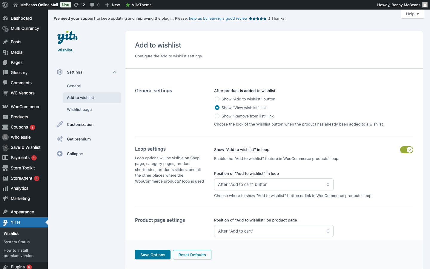 YITH WooCommerce Wishlist admin panel showing customer wishlist data