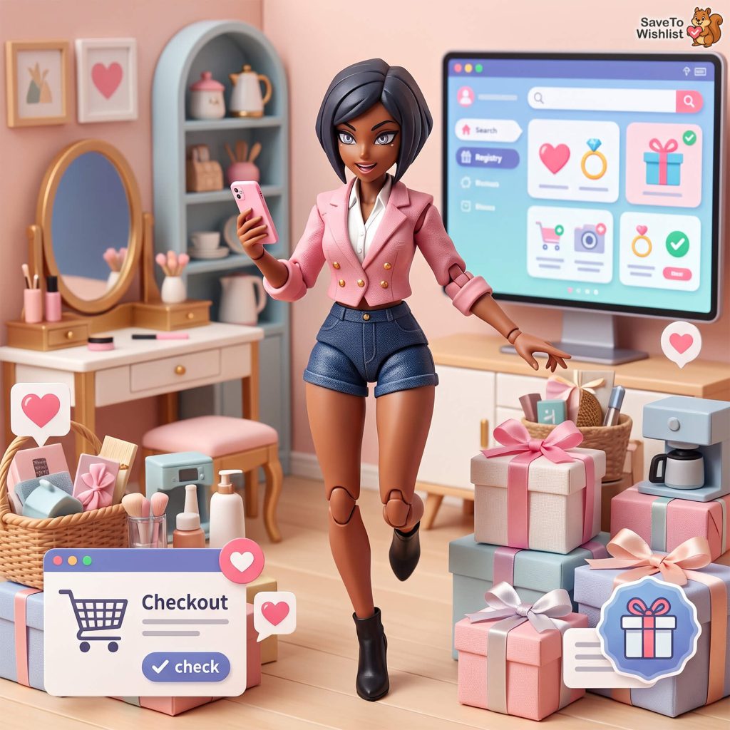 Vrouw in een roze blazer houdt een smartphone vast naast een scherm met een cadeauregistratie, met ingepakte cadeaus en een afrekpaneel om haar heen.