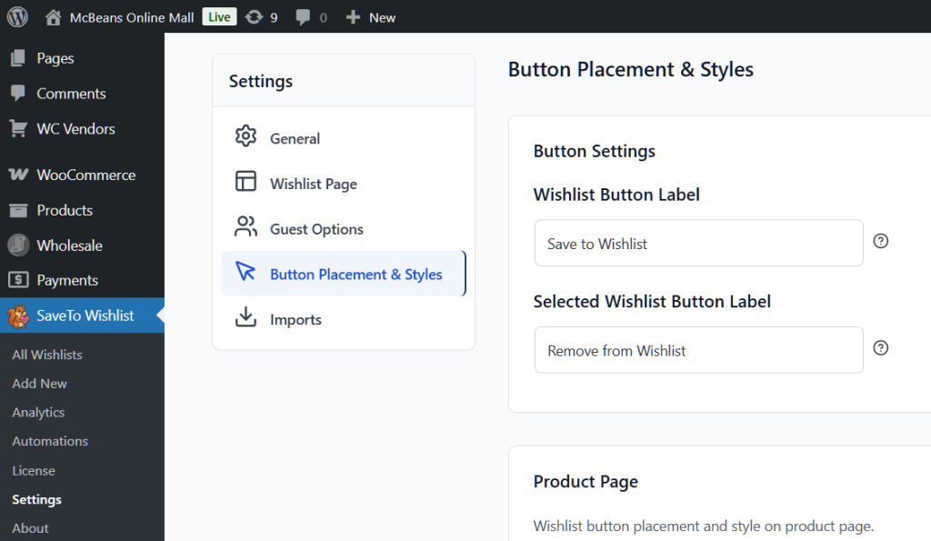 button-placement-and-styles - SaveTo Wishlist WordPress admin settings panel for SaveToWishlist: Button Placement & Styles, showing Wishlist button labels'Save to Wishlist' and 'Remove from Wishlist'