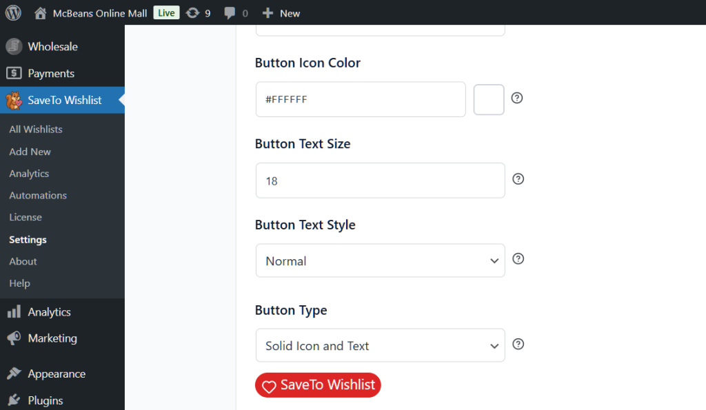 WordPress admin settings panel showing a red rounded'SaveTo Wishlist' button with a heart icon and fields for color, size, style, and type.