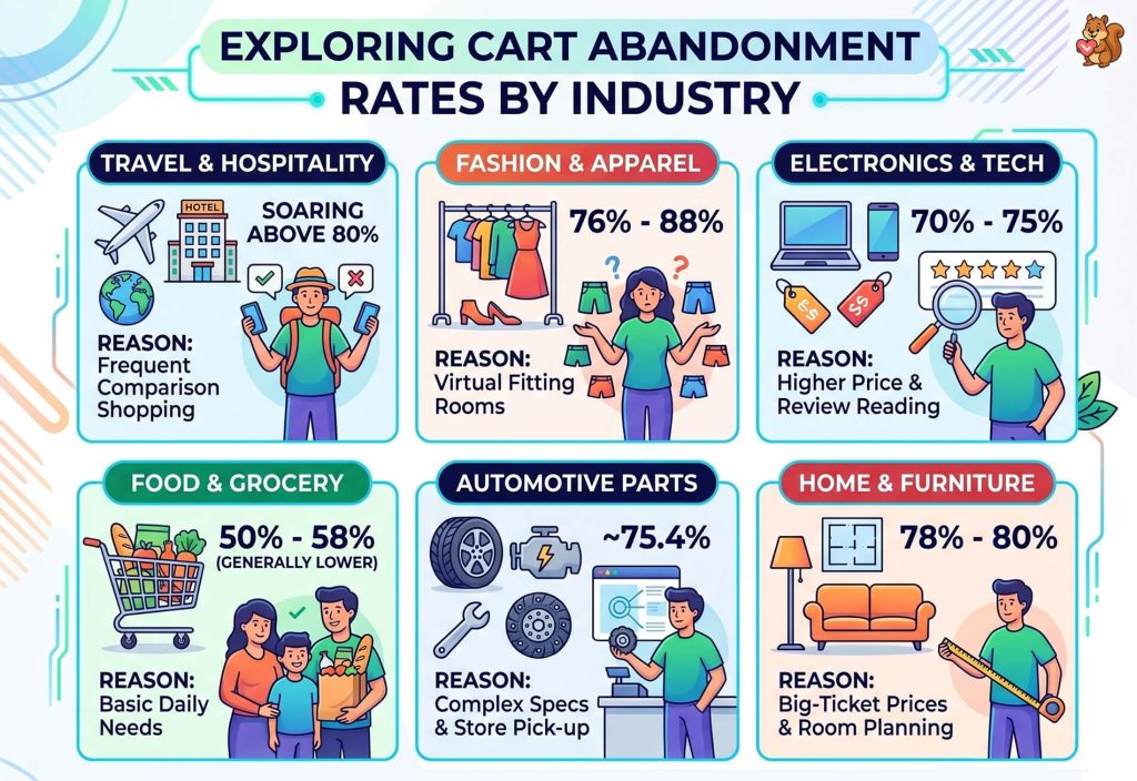 Colorful infographic showing cart abandonment rates across industries with illustrated panels, percentages, and reasons for travel, fashion, electronics, grocery, automotive, and furniture.