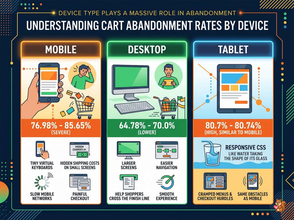Infographic comparing shopping cart abandonment rates by device, showing mobile, desktop, and tablet percentages with causes and UX recommendations.