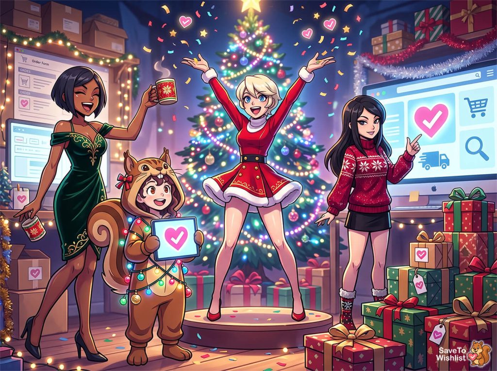 christmas-marketing-what-makes-a-great-xmas-sale - SaveTo Wishlist Festive futuristic control room with people celebrating around holographic screens showing gifts, heart-shaped center, and a wishlist.