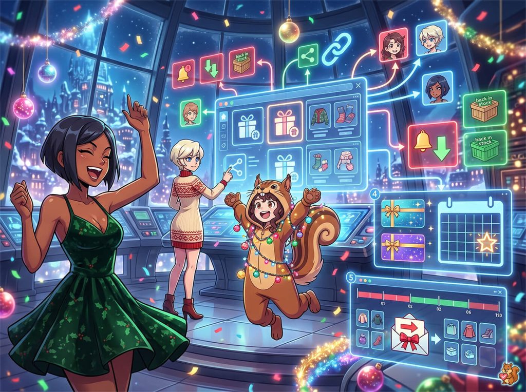 christmas-marketing-woocommerce-filler-1 - SaveTo Wishlist Group of friends celebration in a futuristic control room with a glowing holographic shopping dashboard showing gifts, outfits, and stock icons.