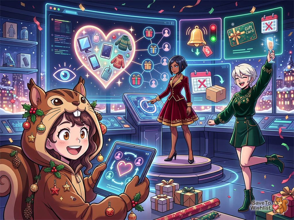 christmas-marketing-woocommerce-filler-2 - SaveTo Wishlist Festive futuristic control room with people celebrating around holographic screens showing gifts, heart-shaped center, and a wishlist.