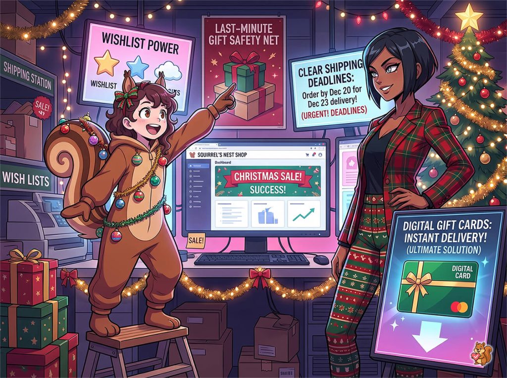 christmas-marketing-woocommerce-shipping-deadlines-gift-cards - SaveTo Wishlist Colorful cartoon of a holiday gift shop: two women discuss Christmas deals on screens, with a tree and gifts nearby.