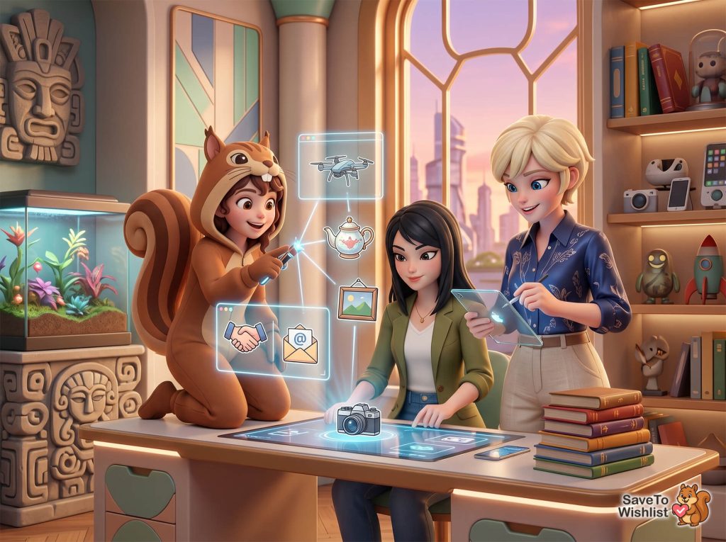 collaborative-shared-wishlist-woocommerce-filler1 - SaveTo Wishlist Three animated characters interacting with a futuristic collaborative shared wishlist for WooCommerce products.