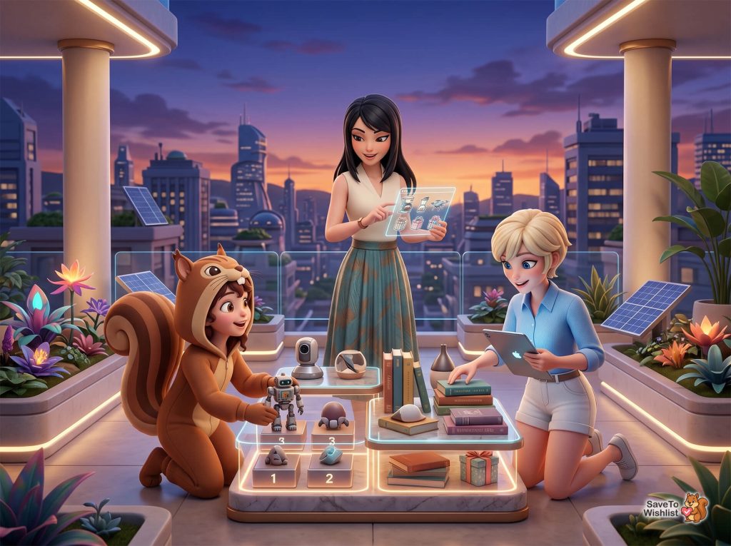 collaborative-shared-wishlist-woocommerce-filler2 - SaveTo Wishlist A woman explains holographic gadget designs to two colleagues on a rooftop garden at sunset, with a small mascot robot and glass display tables of tech props nearby.