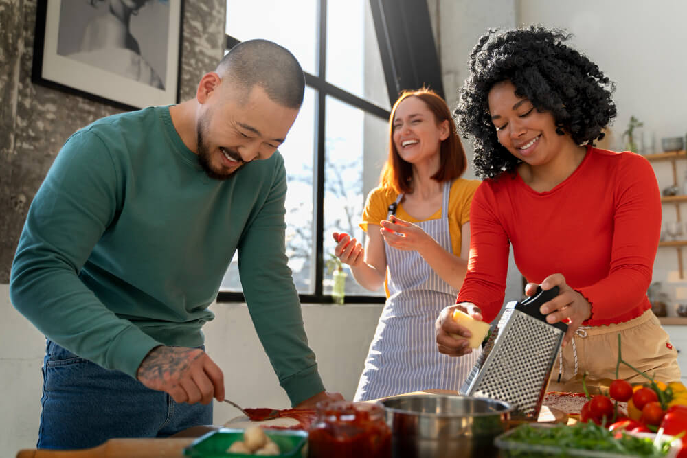 cooking - SaveTo Wishlist Three friends laugh while preparing a meal in a sunlit kitchen — one grates cheese, another spreads sauce, fresh vegetables nearby.