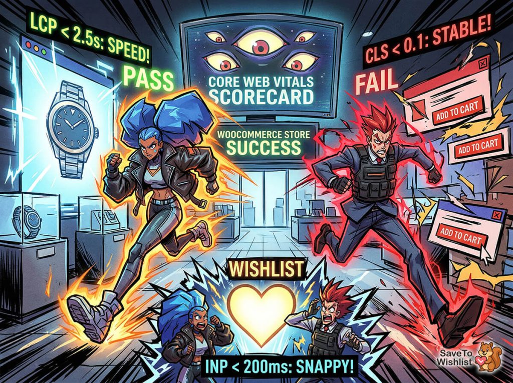 core-web-vitals-and-scoring-limits - SaveTo Wishlist Two stylized heroes race through a digital storefront — a blue-haired runner delivers Core Web Vitals success, while a red-haired aggressor triggers failing add-to-cart chaos.