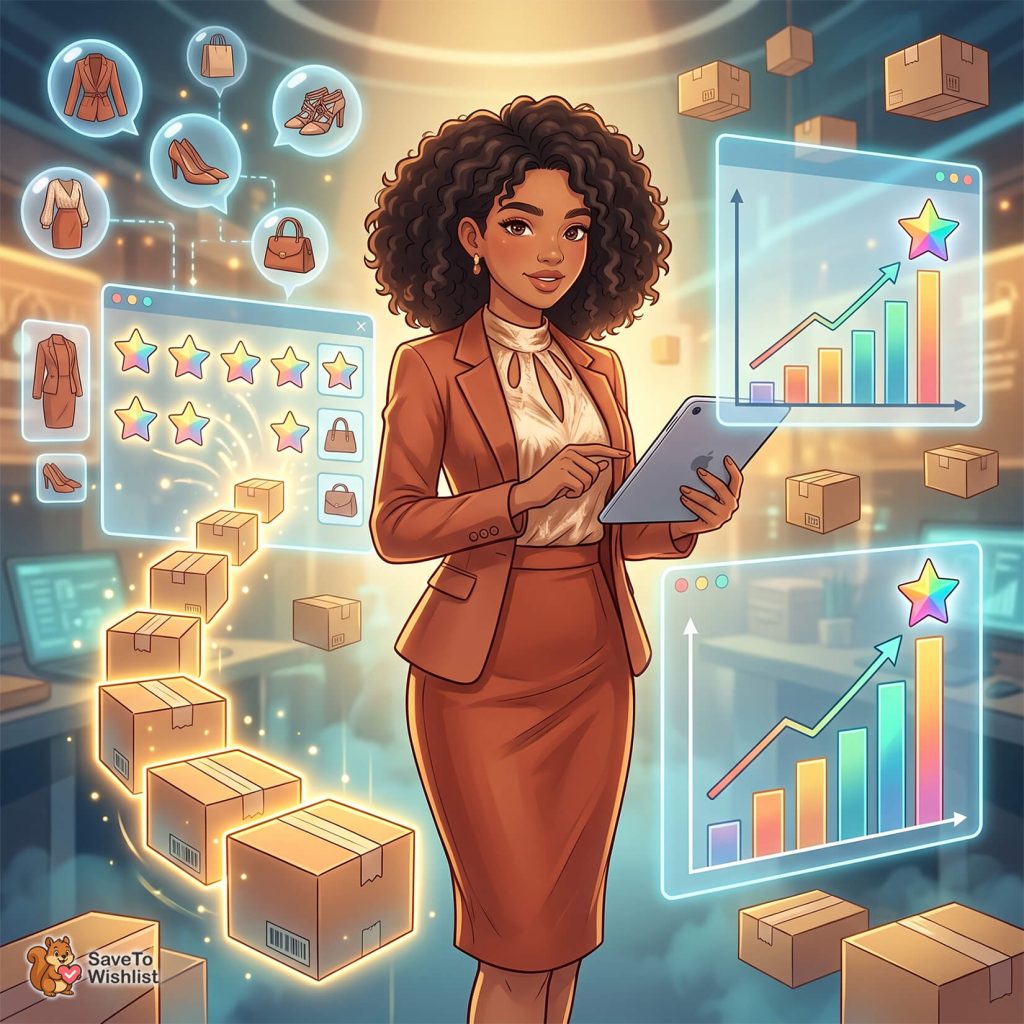 Professional woman in a brown suit using a tablet with holographic shopping, orders, and analytics overlays for ecommerce.