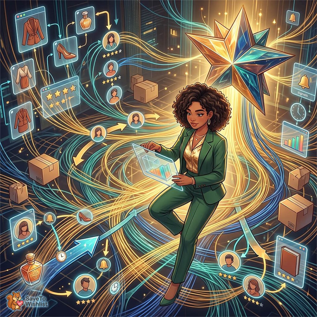 Professional woman in a green suit uses a transparent tablet as glowing data streams and product icons swirl around, depicting managing an online marketplace.
