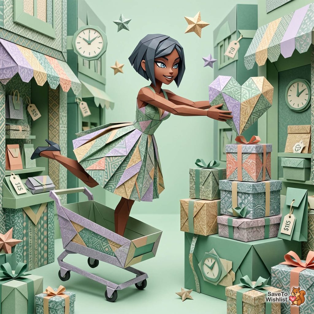 A joyful paper-crafted woman in a pastel patterned dress holds a large origami heart amid charming shopfronts, floating stars, clocks, and stacked gift boxes.