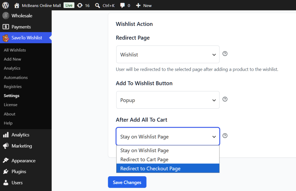 WordPress admin screenshot of SaveToWishlist settings: redirect page set to Wishlist, Add To Wishlist as Popup, After Add All To Cart options: Stay on Wishlist Page or Redirect to Checkout Page, with a Save Changes button.