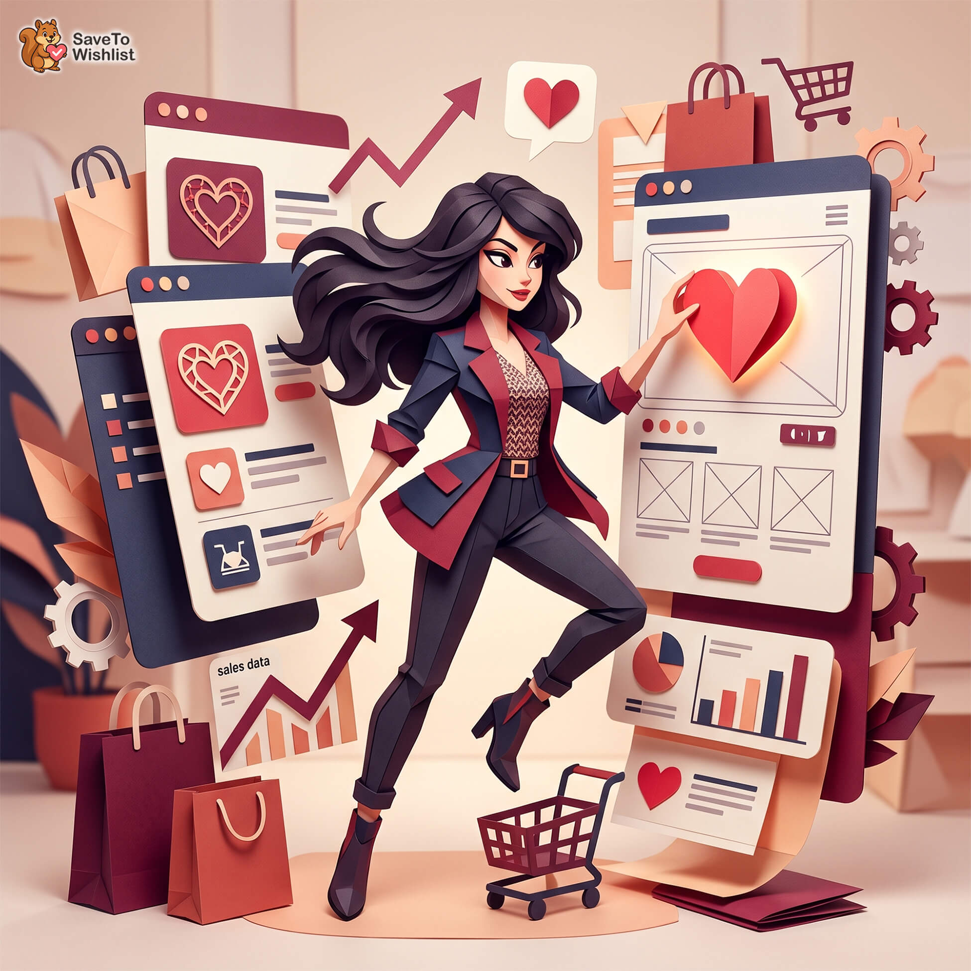divi-wishlist-woocommerce-filler-1 - SaveTo Wishlist Propriétaire de magasin illustré organisant des mises en page de listes de souhaits avec des boutons en forme de cœur, des panneaux de produits et des graphiques de ventes en hausse