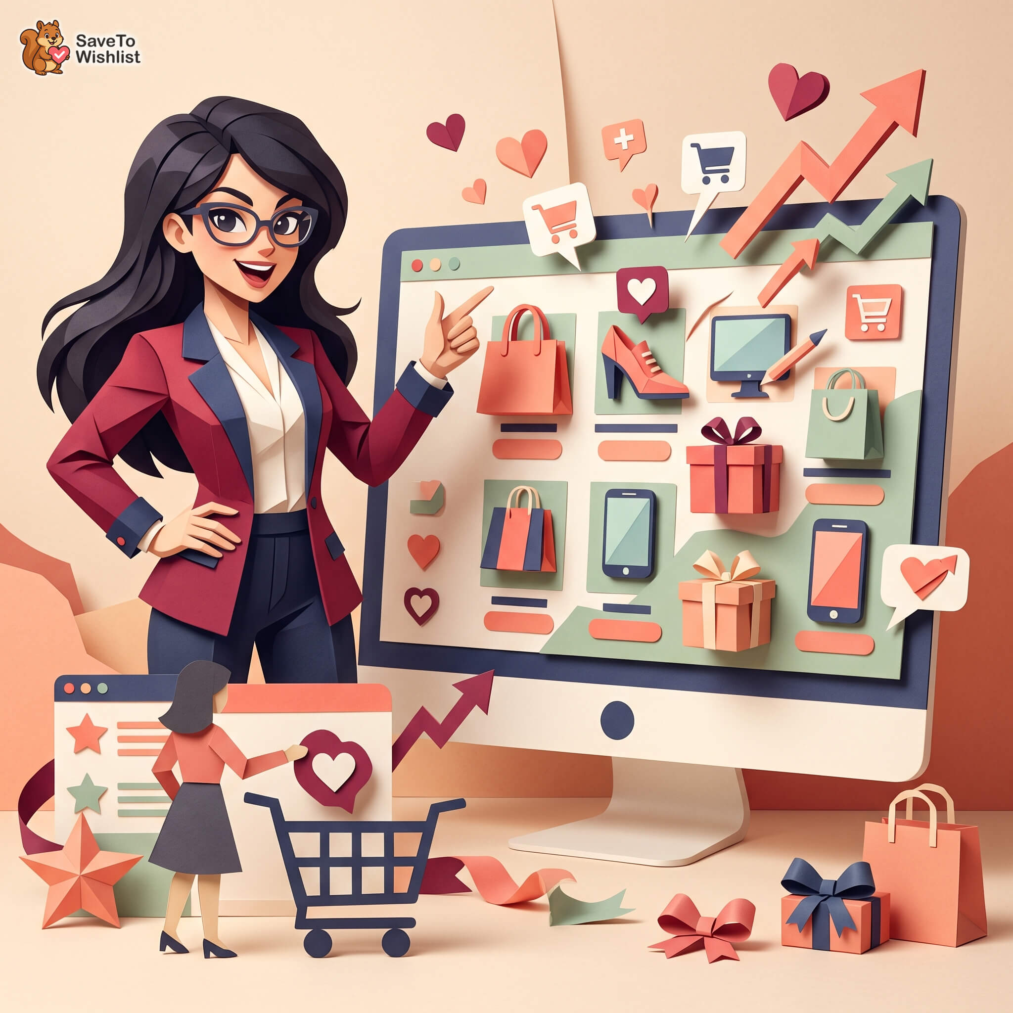divi-wishlist-woocommerce-filler-2 - SaveTo Wishlist Propriétaire de magasin illustré montrant un écran de cadeaux et de produits enregistrés tandis qu'une cliente ajoute un article préféré à son panier