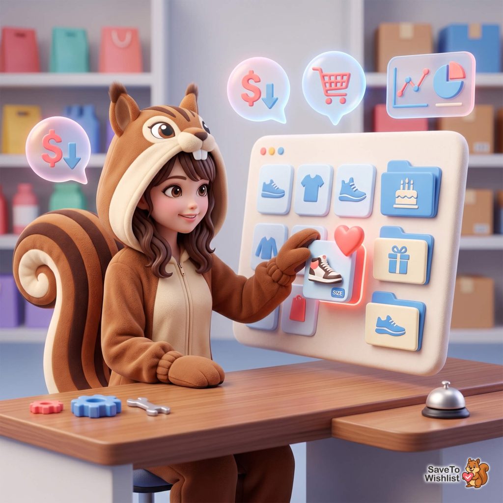 Girl in a squirrel onesie interacts with a large touchscreen toy board displaying shopping, finance, and chart icons in a playful setting.