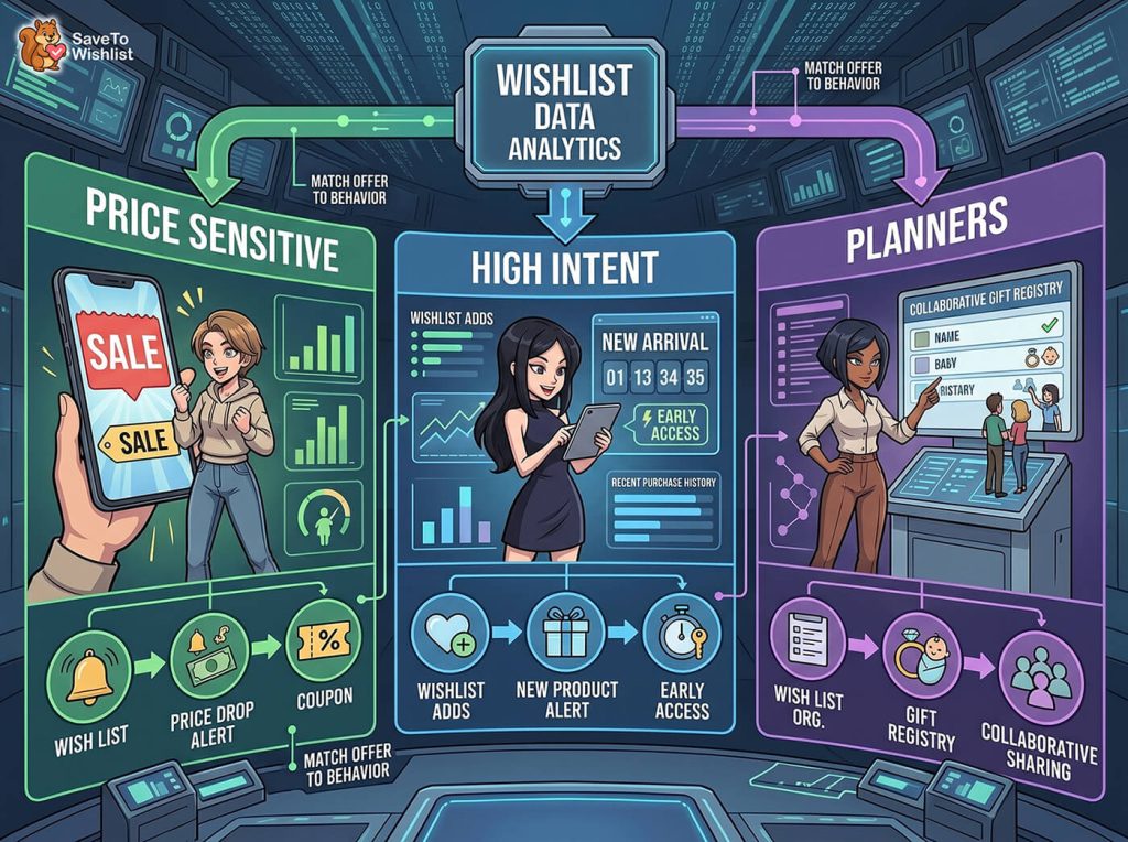 ecommerce-analytics-customer-segments - SaveTo Wishlist Three shopper personas—Price Sensitive, High Intent, and Planners—interacting with devices under a central'Wishlist Data Analytics' dashboard in a futuristic control room.