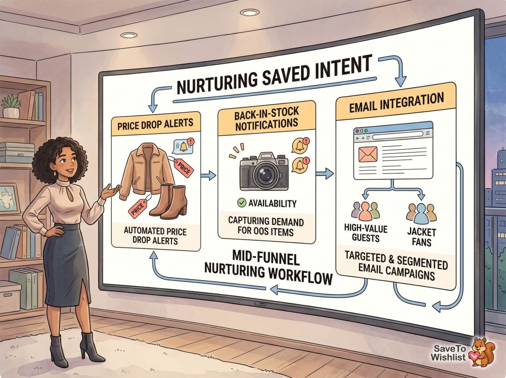 Woman observes large infographic detailing wishlist intent nurturing steps for ecommerce content optimization.