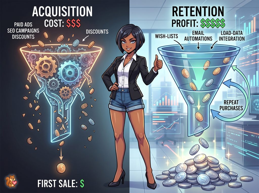 ecommerce-customer-retention-acquisition-vs-retention - SaveTo Wishlist Infographic comparing higher cost of acquiring new ecommerce customers with lower cost and higher profit of retaining existing customers via repeat purchases.