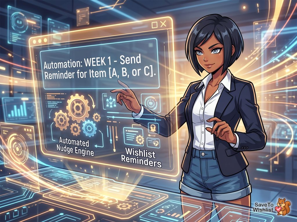 ecommerce-customer-retention-email-automation - SaveTo Wishlist Professional woman in a blazer points at a glowing, futuristic interface showing automation tools and a Week 1 reminder: Send Reminder for Item A, B, or C.