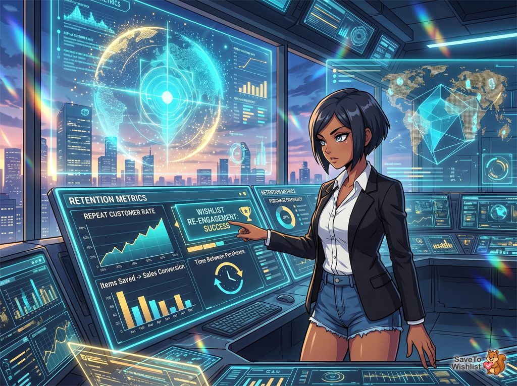 ecommerce-customer-retention-metrics - SaveTo Wishlist Business analyst in a high-tech control room presents retention metrics on holographic dashboards behind her.