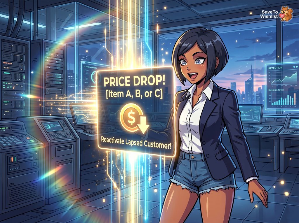 Businesswoman in a data center points to a glowing display reading'PRICE DROP! [Item A, B, or C]' with a dollar icon nearby.