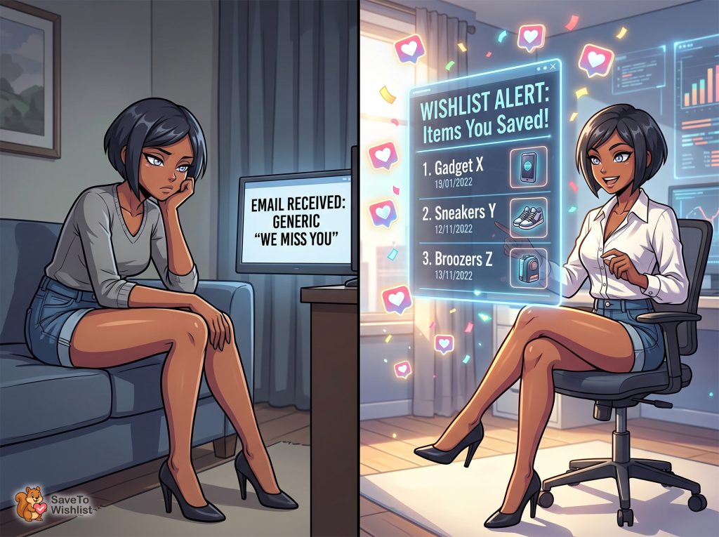 ecommerce-customer-retention-reasons-to-come-back - SaveTo Wishlist Illustration showing an ecommerce customer preferring a specific wishlist re-engagement email over a generic retention message.