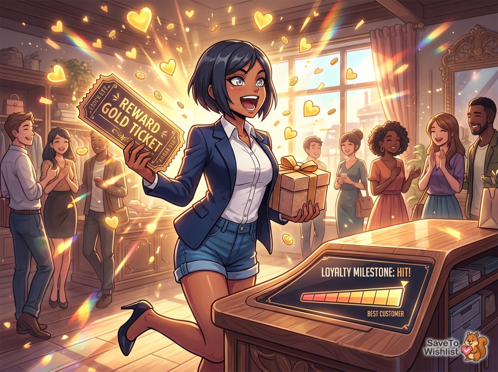 ecommerce-customer-retention-reward-best-customers - SaveTo Wishlist A smiling woman in a blue blazer runs forward, holding a large gold "REWARD GOLD TICKET" and a wrapped gift as coworkers cheer in a store.