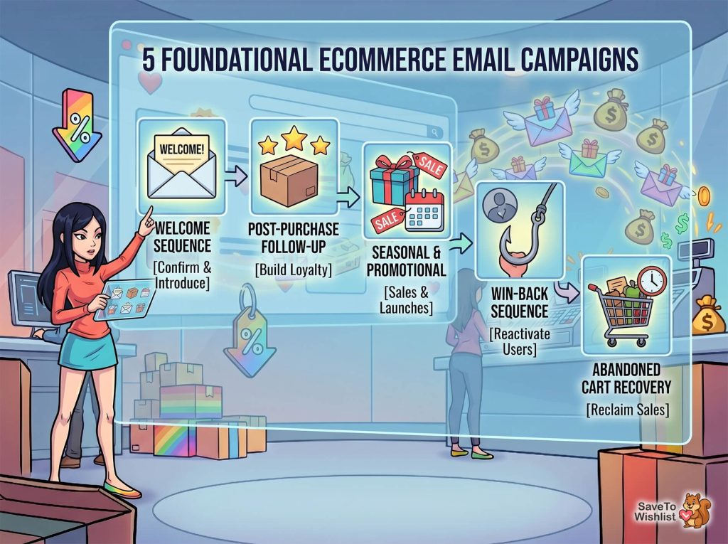 A cartoon marketer in a colorful warehouse presents an illustrated infographic outlining five foundational e-commerce email campaigns: welcome, post-purchase, promotions, win-back, abandoned cart.