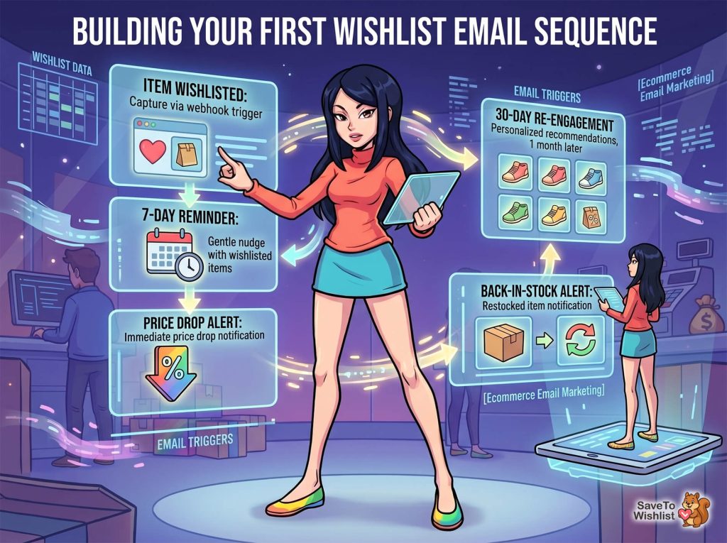 Young woman in a futuristic workspace pointing at holographic wishlist email workflow, illustrating reminders, price alerts and re-engagement triggers.