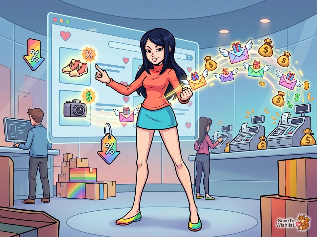Confident woman in colorful shoes interacts with a giant online storefront, sending gift-filled messages and money icons toward busy cash registers.