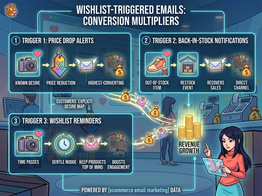 Infographic illustrating wishlist-triggered email strategies—price-drop alerts, back-in-stock notices, and reminders—driving engagement and revenue growth through targeted e-commerce notifications.