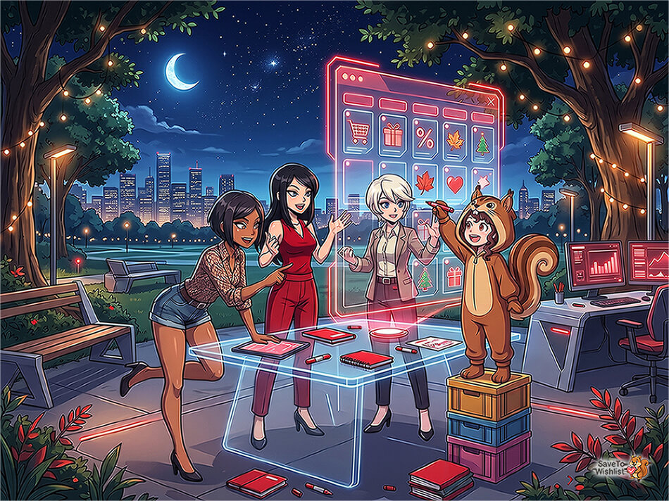 ecommerce-holiday-sales-calendar-woocommerce-filler-01 - SaveTo Wishlist Ilustración de un equipo en un parque nocturno marcando una gran cuadrícula de calendario brillante, sus celdas llenas de iconos de compras que incluyen un carrito, un regalo, un descuento porcentual, una hoja de otoño y un árbol de Navidad.